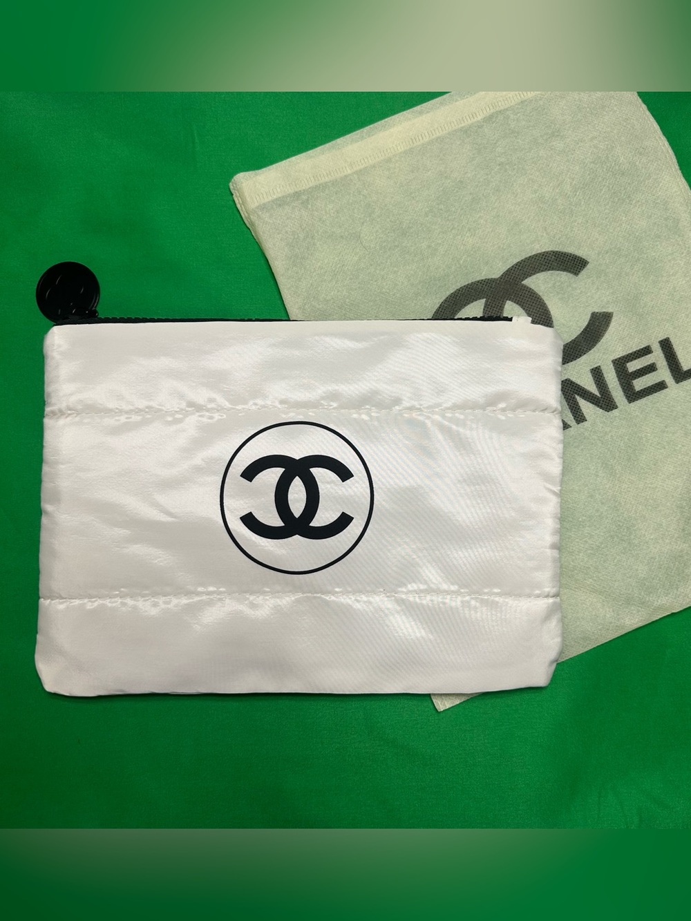 CHANEL White Quilted Makeup Bag/Pouch with Black CC Emblem